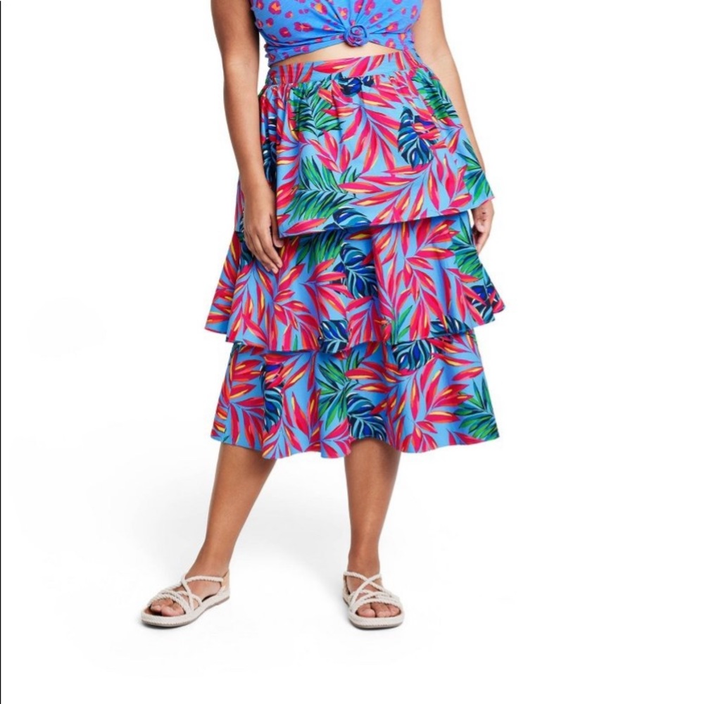 Tabitha Brown Midi Tiered Skirt Tropical Print NWT Sz XS